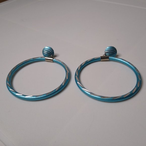 Blue Metal Large Dangle Hoop Earrings - Picture 1 of 13